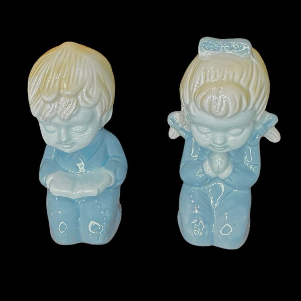 Vintage Blue Praying Children Ceramic Figurines Pair, Treasure Masters Korea